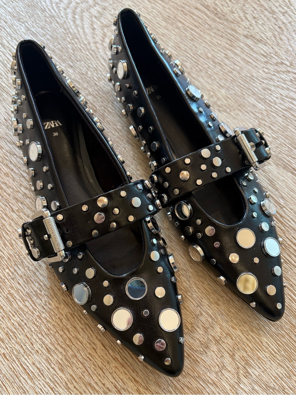 NWT Zara Black Mary Jane Flats Mirror Discs And Studs